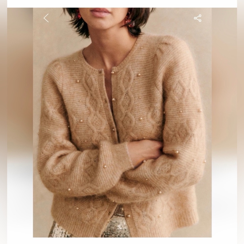 Sezane Nattie Pearl-Embellished Beige Cable-Knit Cardigan